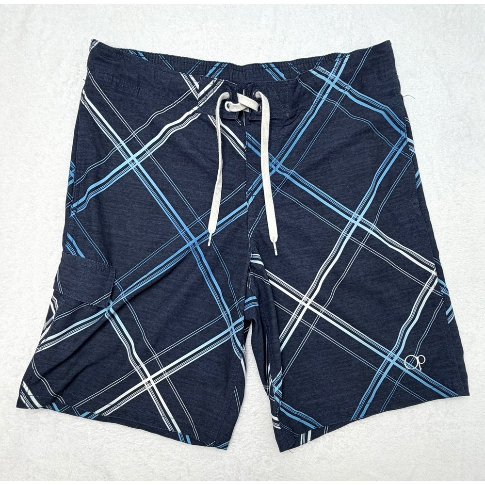 OP Ocean Pacific Mens Board Shorts Size M 32-34 Navy Blue Plaid Swim Trunks